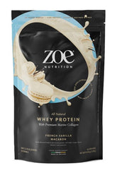 ZOE Nutrition Whey Protein with Premium Marine Collagen, French Vanilla Macaron flavor, gluten-free food supplement.